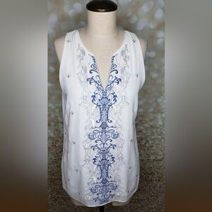 White House Black Market Blue & White Embroidered Blouse